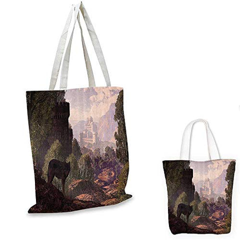 Woodland Decor canvas messenger bag A Wolf Coming Out Of The Woods With A Gothic Castle Lake Boat