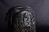MM Chinese Embroidery PU Leather Sling Bag Black Outdoor Daypack Crossbody