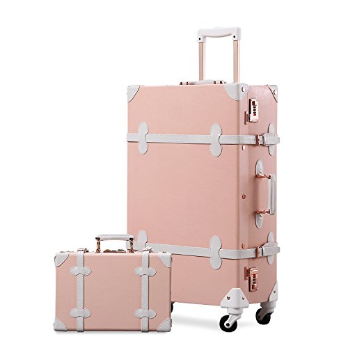 2 Piece Vintage Luggage Set (Pink, 20+12) PU Leather Luggage with Spinner  Wheels, Lightweight Suitcase for Travel