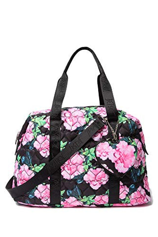 Betsey Johnson Nylon Quilted Black Floral Zip Heart Pocket Charm Detail Weekender Travel Bag