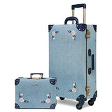 NZBZ Travel Vintage Trunk Luggage Set with Spinner Wheels Cute Retro Suitcase for Women, 2 Pieces (Embroidered Flowers Dark Blue Set, 26"+12")