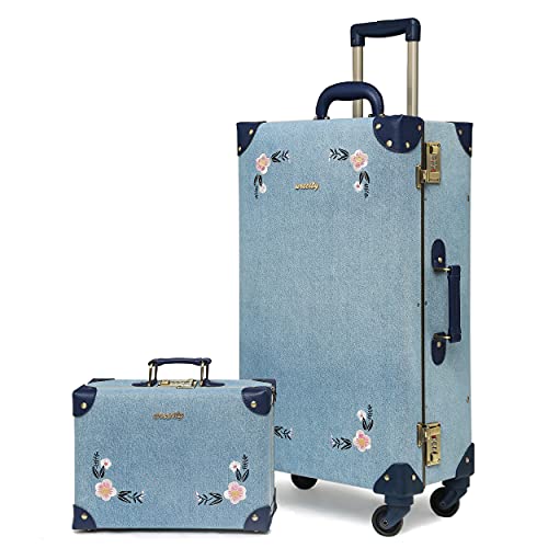 NZBZ Travel Vintage Trunk Luggage Set with Spinner Wheels Cute Retro Suitcase for Women, 2 Pieces (Embroidered Flowers Dark Blue Set, 26"+12")