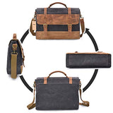 Mens Messenger Bag 15.6 Inch Waterproof Vintage Genuine Leather Waxed Canvas Briefcase Large Satchel Shoulder Bag Rugged Leather Computer Laptop Bag Grey