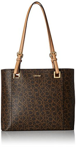 Calvin Klein Top Zip Signature North/South Tote, Brown/Khk/Camel