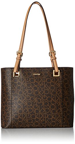 Calvin Klein Top Zip Signature North/South Tote, Brown/Khk/Camel