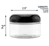 4-Ounce Clear Plastic Jars (12-Pack); Jars w/Black Domed Lids for Cosmetics, Kitchen Spices, Crafts & Office