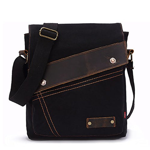 AUGUR Vintage Messenger Bag Ipad Bag Canvas Leather Messenger bags Shoulder Bag (Black)