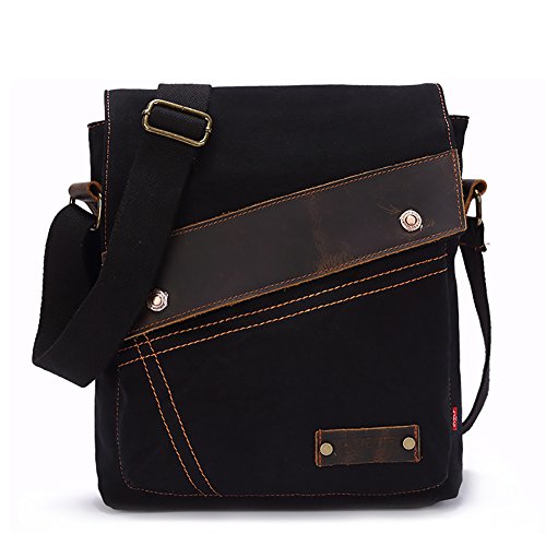 AUGUR Vintage Messenger Bag Ipad Bag Canvas Leather Messenger bags Shoulder Bag (Black)