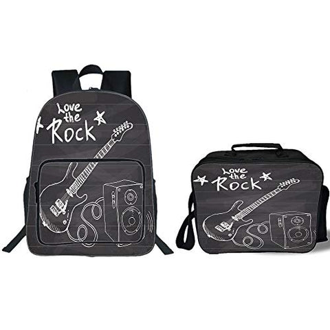 iPrint 19" School Backpack & Lunch Bag Bundle,Guitar,Love The Rock Music Themed Sketch Art Sound Box and Text on Chalkboard Print Decorative,Dark Taupe White,for Boys Girls