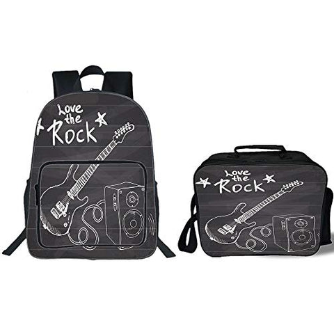 iPrint 19" School Backpack & Lunch Bag Bundle,Guitar,Love The Rock Music Themed Sketch Art Sound Box and Text on Chalkboard Print Decorative,Dark Taupe White,for Boys Girls