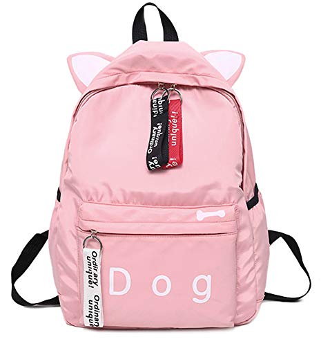 Girls Cute Cat Ear Backpack School Bag Lightweight Bookbags (Pink Dog)
