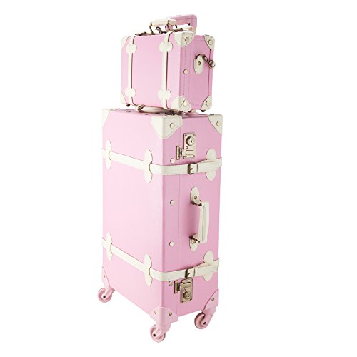 CO-Z Premium Vintage Luggage Sets 24" Trolley Suitcase and 12" Hand Bag Set with TSA Locks (Pink + Beige) (12" +24" Pink)