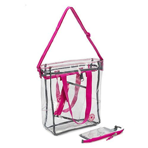 15" Clear Tote Bag with Hot Pink Lining Heavy Duty PVC shoulder Bag Handbag Free Coin Pouch
