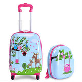 Goplus 2Pc 12" 16" Kids Carry On Luggage Set Upright Hard Side Hard Shell Suitcase Travel Trolley ABS (Deer & Birds)