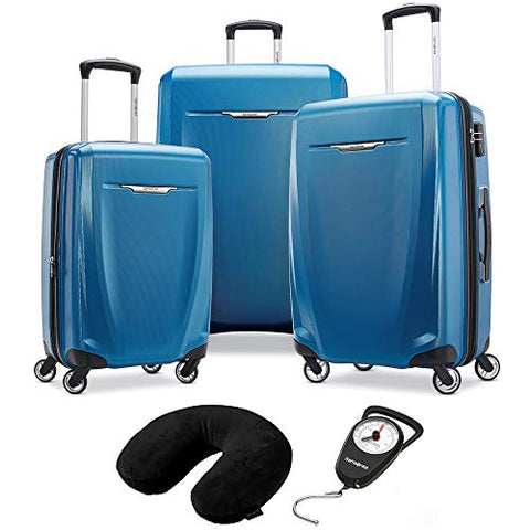 Samsonite Winfield 3 DLX 3 Piece Set Spinner 20/25/28 Blue (120751-1112) Manual Luggage Scale & Microbead Neck Pillow Black