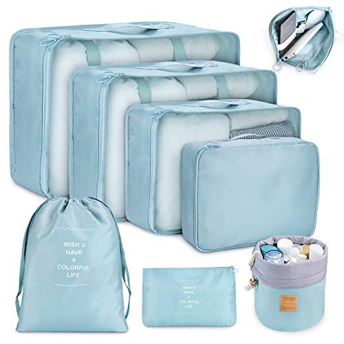 DIMJ Packing Cubes for Travel, 8pcs Foldable Suitcase Organizer Set for Bra, Socks, Cosmetics with Makeup Bucket Bag, Waterproof Lightweight Travel