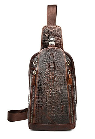 Sealinf Mens Crocodile Embossed Leather Chest Bag Fanny Pack Crossbody Outdoor Bag (Deep Brown)