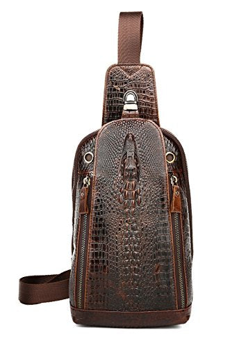 Sealinf Mens Crocodile Embossed Leather Chest Bag Fanny Pack Crossbody Outdoor Bag (Deep Brown)