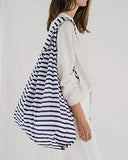 BAGGU Large Reusable Shopping Bag, Foldable Ripstop Nylon Tote for Laundry or Shopping, Sailor Stripe (2018)