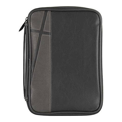 Black And Gray Faithful Leather Look Thinline Bible Cover Case With Handle