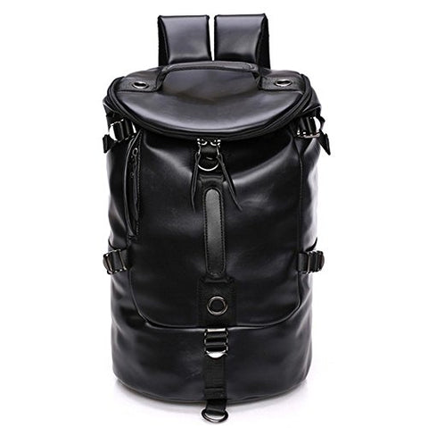 CHAO RAN Men Large Travel Duffle Gym Luggage Bag Leather Backpack Shoulder School Handbag (Black)