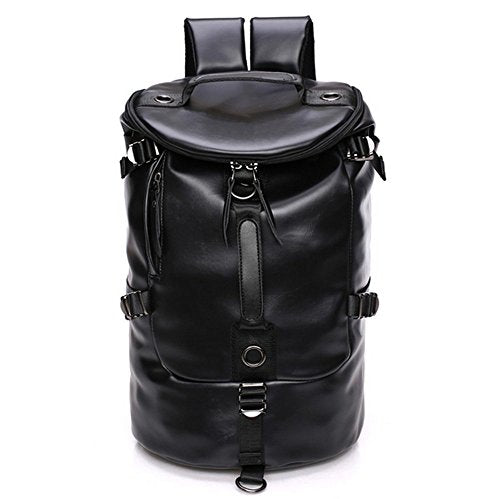 CHAO RAN Men Large Travel Duffle Gym Luggage Bag Leather Backpack Shoulder School Handbag (Black)
