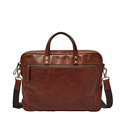 Fossil Men's Haskel Leather Double Zip Briefcase Messenger Laptop Bag, Cognac