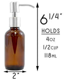 Amber Brown 4-Ounce Glass Bottles with Stainless Steel Pump Nozzles (4 Pack); Empty Boston Round Bottles Ideal for Lotion & Liquid Soap