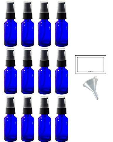 1 oz Cobalt Blue Glass Boston Round Treatment Pump Bottle (12 pack) + Funnel and Labels for essential oils, aromatherapy, food grade, bpa free