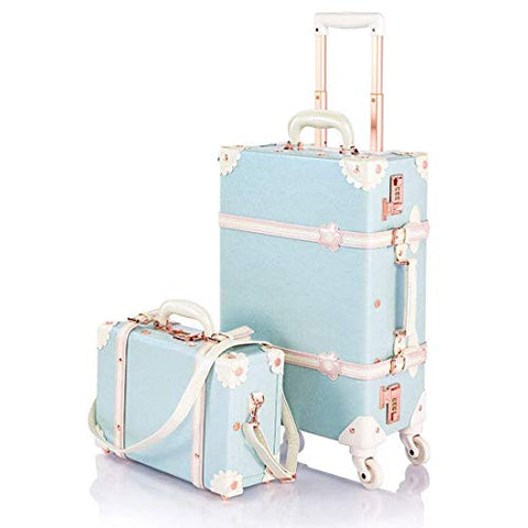 COTRUNKAGE 24 Inch Large Vintage Luggage Set 2 Pieces Rolling Suitcases for Women (13" & 24", Sky Blue)