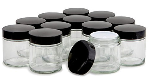 Vivaplex, 12, Clear, 4 oz, Round Glass Jars, with Inner Liners and black Lids