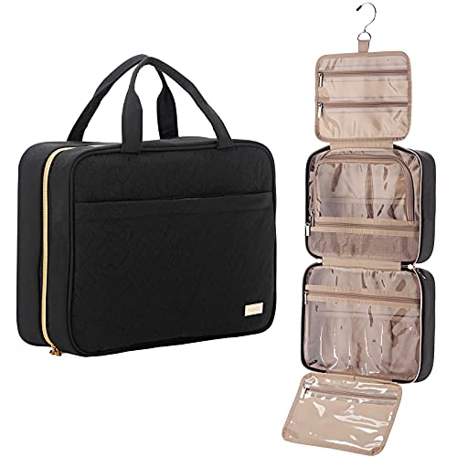 NISHEL Large Hanging Travel Toiletry Bag, Portable Makeup Organizer, Water Resistant Cosmetic Holder for Brushes Set, Full-Sized Shampoo, Conditioner, Accessories, Black