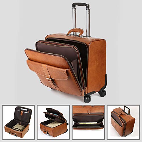 Leathario Leather Rolling Laptop Case Wheeled Briefcase Suitcase Roller