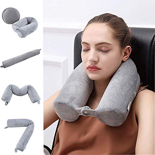 Cotton Li SA Neck Pillow for Travel Home, Portable Head Cervical Support Rest Cussion Twist Adjustable Bendable Memory Foam Roll Pillow for Flight/Road Trips, Office Nap, Camping - Grey