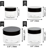 ZEJIA 20 Pack 2oz jars with lids Plastic Round Clear Leak-Proof Container with Black Lid， Inner Liner and Labels for Cosmetic, Powders, Beads Jewelry, Liquids（Black）