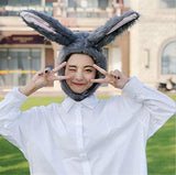 BOBILIKE Plush Fun Bunny Ears Hood Women Costume Hats Warm, Soft and Cozy, Grey2