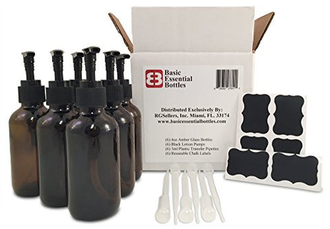 (6) 4 Ounce 4 oz Empty Amber Glass Bottles W/black Lotion Pump Tops (6) 3ml Pipettes (6) Chalk Labels for Oils, Cleaning Products, Aromatherapy, Shampoo, Lotions, Soaps, etc.
