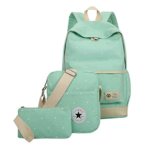 ABage Girl's Canvas Backpack Set Lightweight Patterned 3-Piece Laptop Bookbag, Green