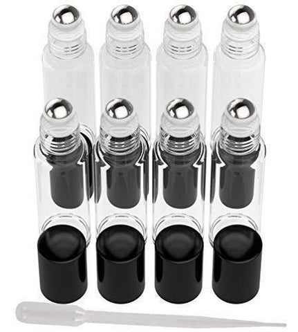 8 Pack Essential Oil Bottles [Metal Chrome Roller Ball] FREE Plastic Pippette 10ml Refillable Glass Bottles For Fragrance Perfume Essential Oil - Empty Perfume & Essential Oil Bottle (Clear Color)