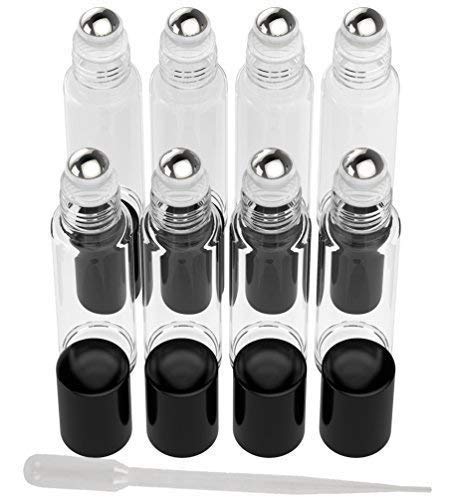 8 Pack Essential Oil Bottles [Metal Chrome Roller Ball] FREE Plastic Pippette 10ml Refillable Glass Bottles For Fragrance Perfume Essential Oil - Empty Perfume & Essential Oil Bottle (Clear Color)