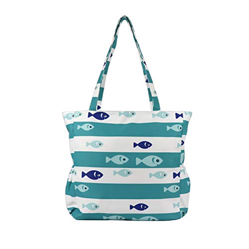 Beach Tote Bag Shoulder Bag with Zipper and Multi Pockets Water Resistant for Gym Beach Travel Shopping, Green Stripes Fish