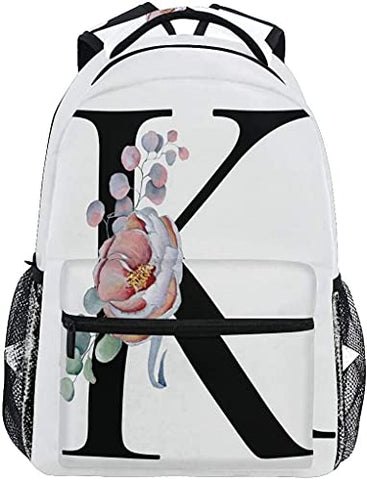 K Letter with Flower Backpacks Multifunctional Shoulder Backpack Travel Daypack Laptop Bag Casual Bags