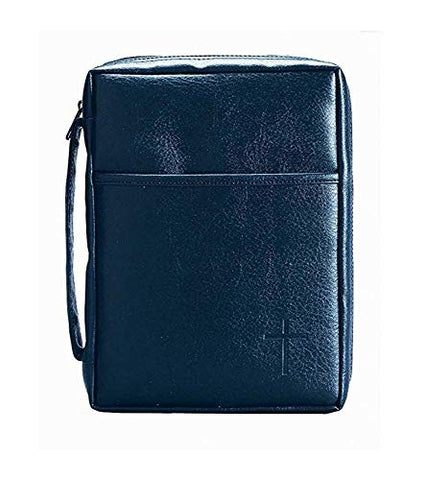 Blue Embossed Cross with Front Pocket Large Leather Look Bible Cover with Handle