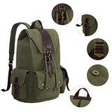 Canvas Vintage Backpack Leather Casual Men Women Laptop Travel Rucksack (Army green-B)