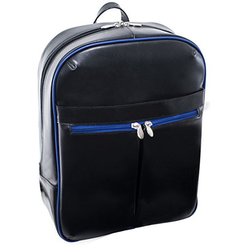 McKlein, L Series, Avalon, Top Grain Cowhide Leather, 15" Leather Laptop Slim Backpack, Blk/Navy Trim (87885)