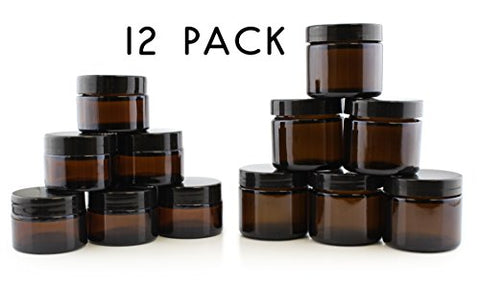 Combo Pack of 1 & 2-Ounce Amber Glass Straight Sided Jars (6 Each/12 Total); Great Containers for Cosmetics, Lotions, Body Scrubs & Balms