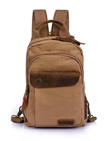 Augur Men's Vintage Canvas Leather Shoulder Bag School Backpack Sling Satchel (Khaki)