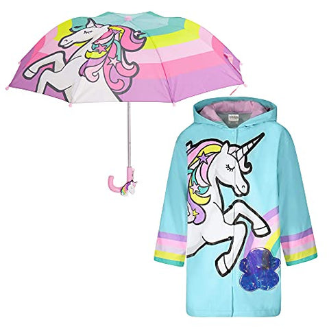 Kids Umbrella and Raincoat Set for Boys and Girls Ages 3-7 (Unicorn Design)