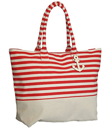 Red Large Zipper Top Stripe Canvas Look Beach Bag Tote - 22"x15"x6"