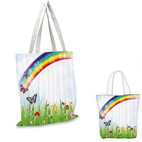 Rainbow canvas messenger bag Springtime Meadow Colorful Butterflies Grass Daisy Silhouettes Poppy